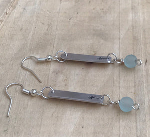 Lightweight Silver Cross Earrings with Aqua Colored Seaglass Style Bead