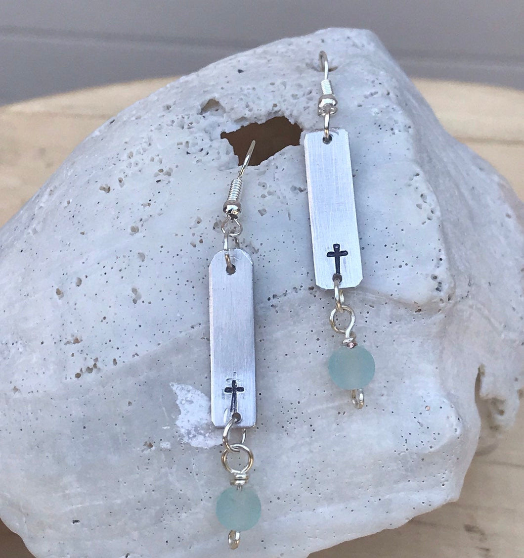 Lightweight Silver Cross Earrings with Aqua Colored Seaglass Style Bead
