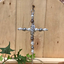 Load image into Gallery viewer, Grey and White Pearlized Beaded Display Cross with Metal Accent Beads and a Silver Stand
