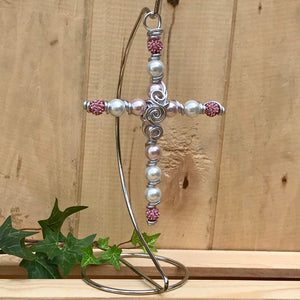 New Baby Girl Pink Display Cross with Rhinestone and Pearl Beads. Includes Silver Stand