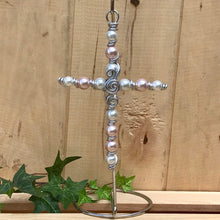 Load image into Gallery viewer, New Baby Girl Display Cross with Soft Pink and White Pearl Beads. Includes Silver Stand