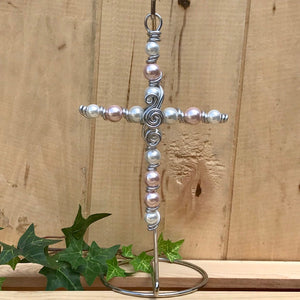 New Baby Girl Display Cross with Soft Pink and White Pearl Beads. Includes Silver Stand