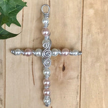 Load image into Gallery viewer, New Baby Girl Display Cross with Soft Pink and White Pearl Beads. Includes Silver Stand