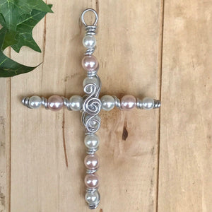New Baby Girl Display Cross with Soft Pink and White Pearl Beads. Includes Silver Stand