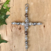 Load image into Gallery viewer, Grey and White Pearlized Beaded Display Cross with Metal Accent Beads and a Silver Stand