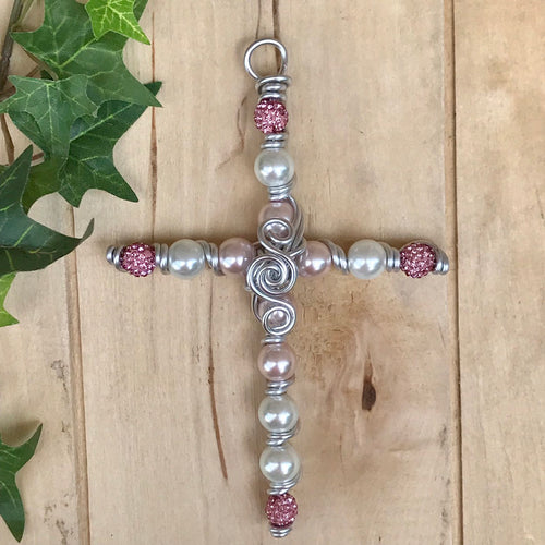 New Baby Girl Pink Display Cross with Rhinestone and Pearl Beads. Includes Silver Stand