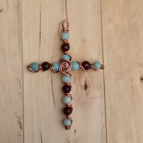 Natural Amazonite and Brown Glass Bead Display Cross with Copper Stand