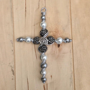 Decorative Silver Rhinestone Display Cross with Grey and White Pearlized Beads. Includes Silver Stand.