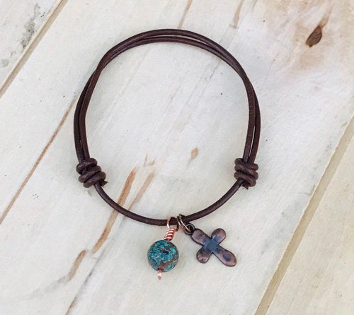 Adjustable Leather Cross Bracelet with Natural Stone Bead