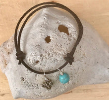Load image into Gallery viewer, Silver Cross Adjustable Leather Bracelet with Dangling Turquoise Bead