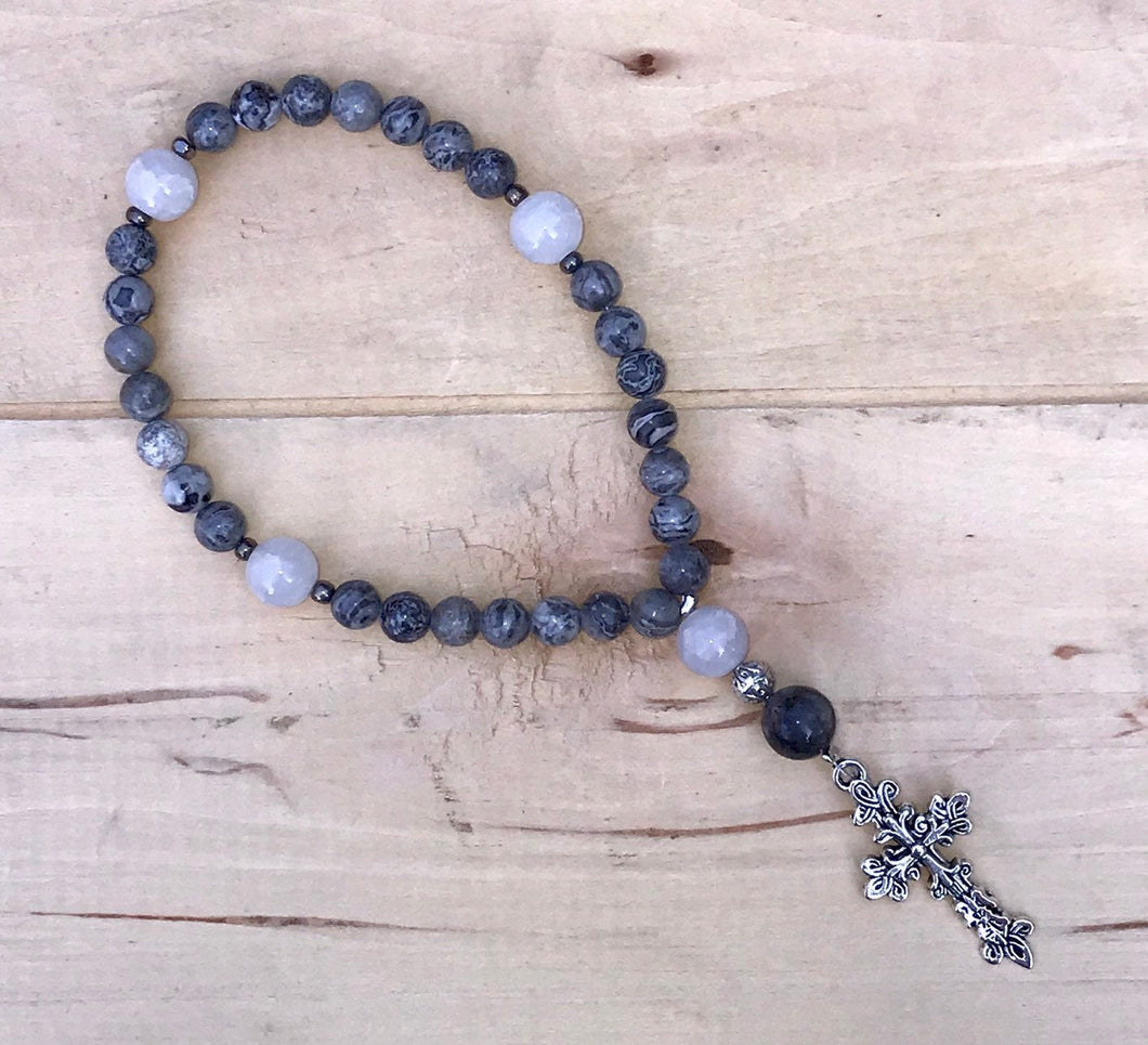 Christian Prayer Beads with Natural Stones and Silver Cross