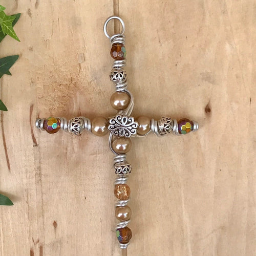 Decorative Tibetan Silver and Pearl Display Cross with Silver Stand