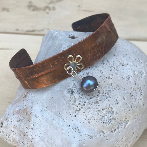 Adjustable Folded Copper Cross Bracelet with Attached Silver Flower and Dangling Freshwater Black Pearl Bead