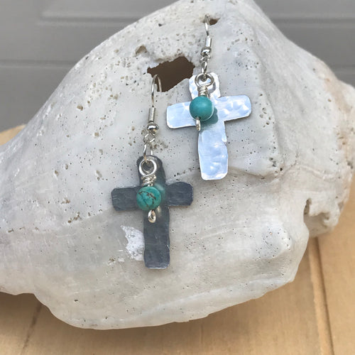 Silver Cross Earrings with Turquoise Bead that a Super Lightweight