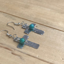 Load image into Gallery viewer, Silver Cross Earrings with Turquoise Bead that a Super Lightweight