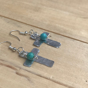 Silver Cross Earrings with Turquoise Bead that a Super Lightweight
