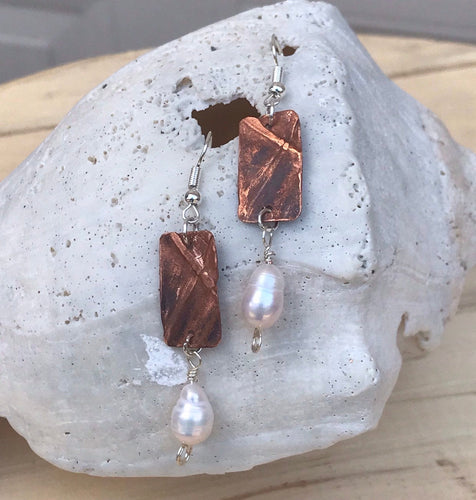 White Freshwater Pearl Bead and Folded Copper Cross Dangle Earrings