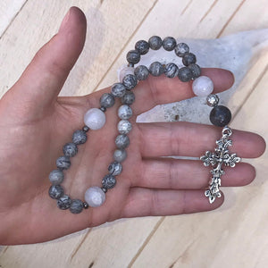 Christian Prayer Beads with Natural Stones and Silver Cross