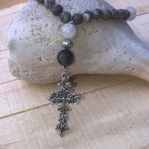 Natural Jasper Stone Christian Prayer Beads with Silver Cross
