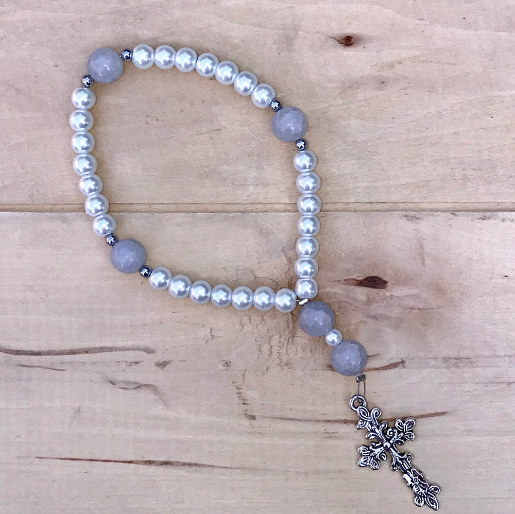 White Pearl Christian Prayer Beads with Silver Cross