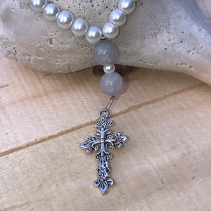 White Pearl Christian Prayer Beads with Silver Cross