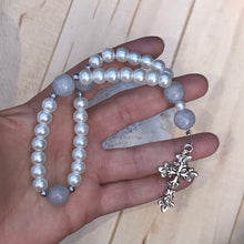 Load image into Gallery viewer, White Pearl Christian Prayer Beads with Silver Cross