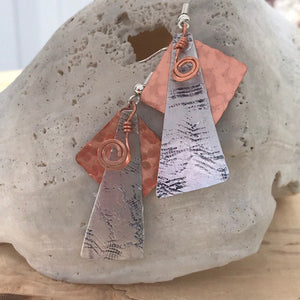 Triangle and Square Silver and Copper Earrings