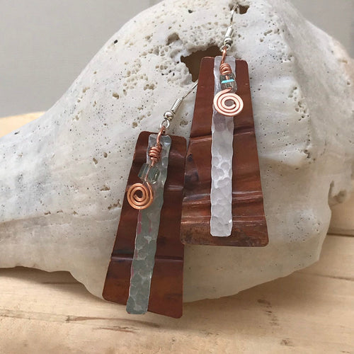 Folded Flame Painted Copper and Silver Trapezoid Earrings