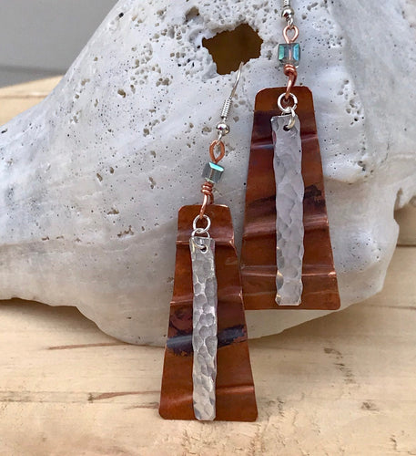 Flame Painted Folded Copper Earrings with an Aluminum Dangle