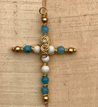 Load image into Gallery viewer, Decorative Gold,Teal and White Beaded Display Cross. Includes Gold Stand