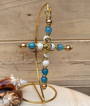 Load image into Gallery viewer, Decorative Gold,Teal and White Beaded Display Cross. Includes Gold Stand