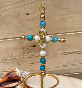 Decorative Gold,Teal and White Beaded Display Cross. Includes Gold Stand