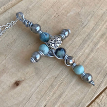 Load image into Gallery viewer, Natural Stone Sea Foam Green Beaded Cross Necklace