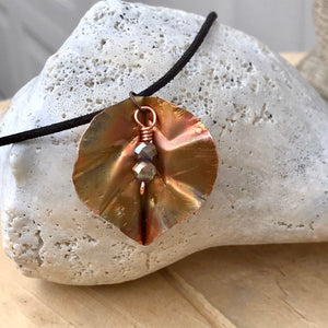 Leaf Necklace/Copper Leaf Pendant/Flame Painted Leaf Necklace/ Copper Necklace/ Faceted Crystal Bead Necklace/ Religious Gift/Tree of Life