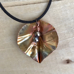 Leaf Necklace/Copper Leaf Pendant/Flame Painted Leaf Necklace/ Copper Necklace/ Faceted Crystal Bead Necklace/ Religious Gift/Tree of Life