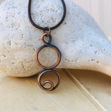 Load image into Gallery viewer, Copper Swirl Necklace/Double Circle Necklace/Christian Gift/ Religious Gift/ Leather Cord Necklace/Journey Necklace
