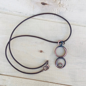 Copper Swirl Necklace/Double Circle Necklace/Christian Gift/ Religious Gift/ Leather Cord Necklace/Journey Necklace