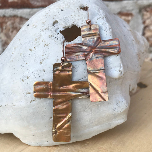 Flame Painted Folded Copper Cross Earrings
