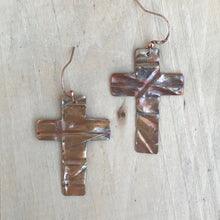 Load image into Gallery viewer, Copper Cross Earrings/Christian Gift/Flame Painted Copper Earrings/Religious Gift/Unique Earrings/Youth Pastor Gift/Colorful Earrings
