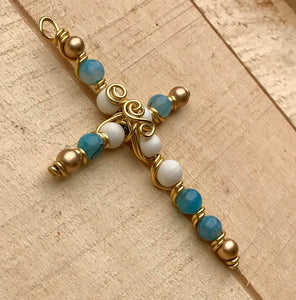 Decorative Gold,Teal and White Beaded Display Cross. Includes Gold Stand