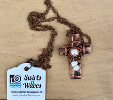 Load image into Gallery viewer, Unique Cross Necklace/Christian Gift/Copper Cross Necklace/Decorative Cross Necklace/Religious Gift/Sm Cross Necklace/White Pearl Necklace