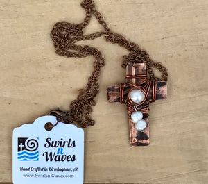 Unique Cross Necklace/Christian Gift/Copper Cross Necklace/Decorative Cross Necklace/Religious Gift/Sm Cross Necklace/White Pearl Necklace