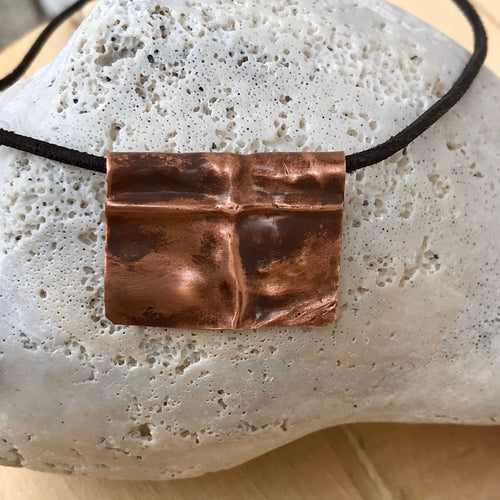 Folded Copper Cross Pendant Necklace with Leather Cord