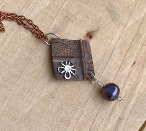 Silver Flower Textured Copper Cross with Fresh Water Black Necklace