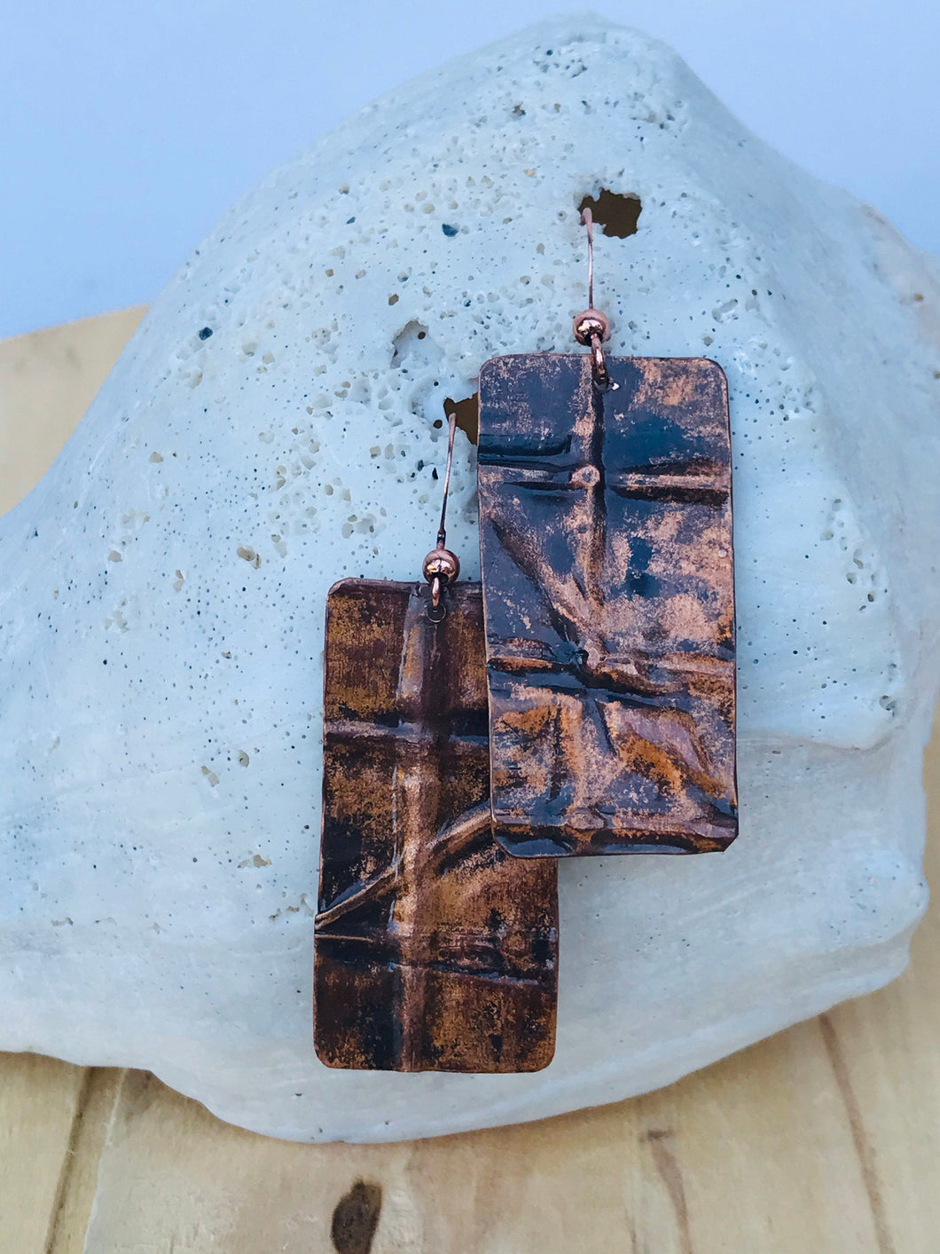Flame Painted Large Copper Cross Earrings
