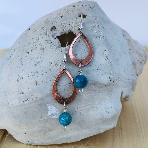 Teardrop Copper Earrings with Natural Stone Blue Apatite Bead Earrings