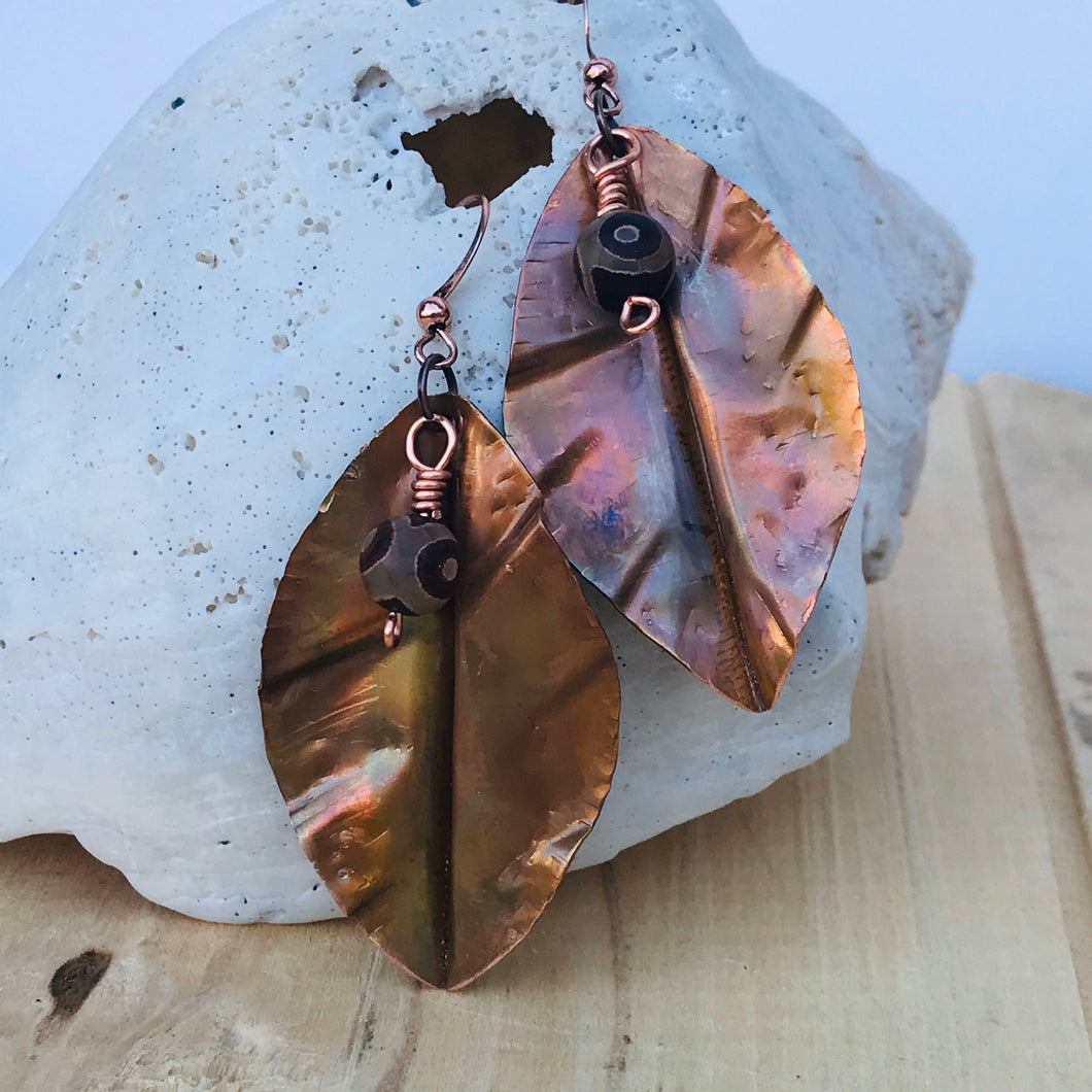 Flame Painted Copper Leaf Earrings with Brown Tibetan Agate Beads
