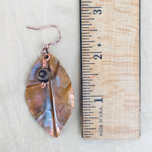 Flame Painted Copper Leaf Earrings with Brown Tibetan Agate Beads