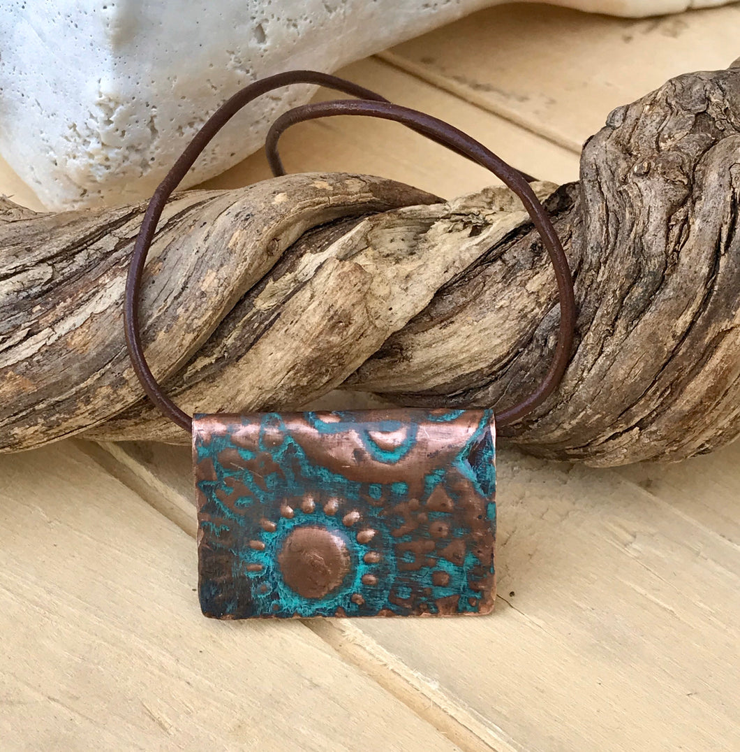 Decorative Copper Pendant/Sun Necklace/Turquoise Color Necklace/Unique  Necklace/Leather Cord Necklace/ Christian Gift
