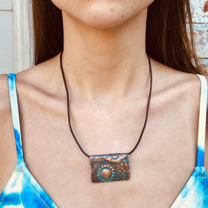 Decorative Copper Pendant/Sun Necklace/Turquoise Color Necklace/Unique  Necklace/Leather Cord Necklace/ Christian Gift